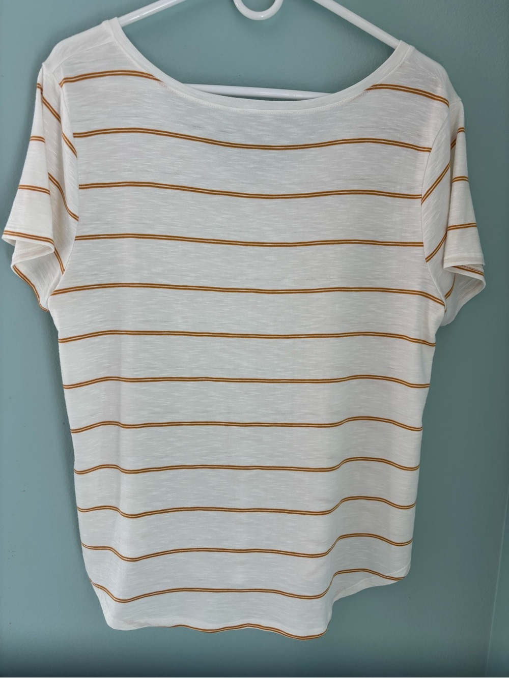 Green Envelope White V-Neck Tee with Mustard Stripes Large - Picture 3 of 3